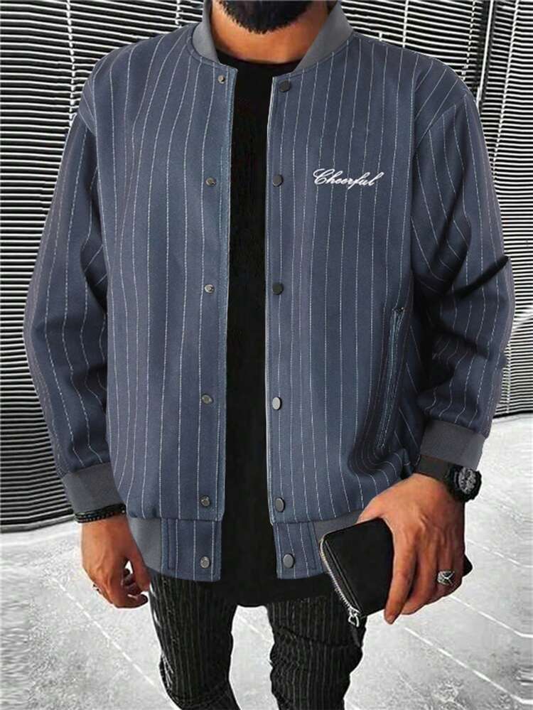 Loose Fit Men's Letter Printed Striped Print Bomber Jacket