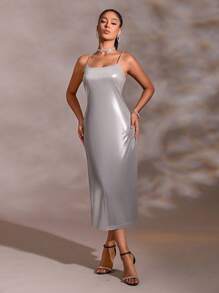 SHEIN BAE 純色吊帶洋裝 - 銀色 - 查看 6