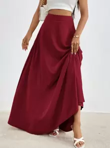 Firerie Solid High Waist Maxi Skirt - Burgundy - View 5