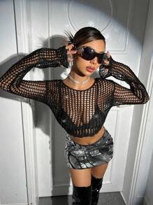 SHEIN ICON 鏤空短款毛衣不附胸罩 - 黑色 - 查看 1