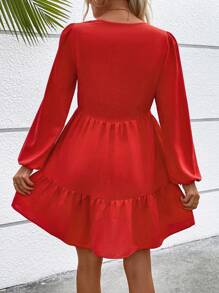 SHEIN LUNE Chain Detail Lantern Sleeve Ruffle Hem Dress - Red - View 2