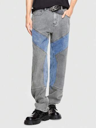 ROMWE Street Life Guys Colorblock Straight Leg Jeans Without Belt