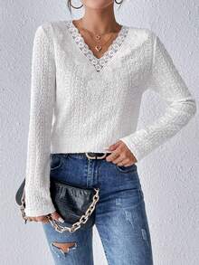 SHEIN Frenchy Guipure Lace Trim Tee - White - View 4