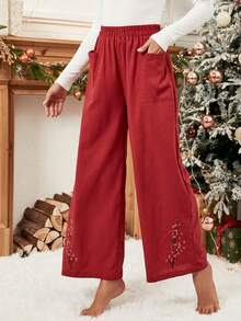 EMERY ROSE 高腰雙口袋闊腿褲 - 酒紅色 - 查看 5