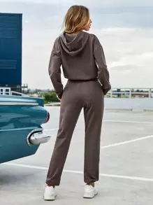 EURMUSE Drop Shoulder Drawstring Hoodie & Sweatpants - Brown - View 2