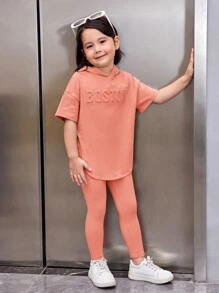 SHEIN 年輕女孩字母壓花落肩連帽 T 恤和打底褲 - 彩色 - 查看 5