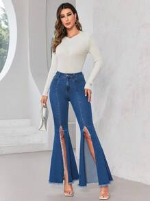 SHEIN Privé Split Thigh Flare Leg Jeans - Dark Wash - View 1