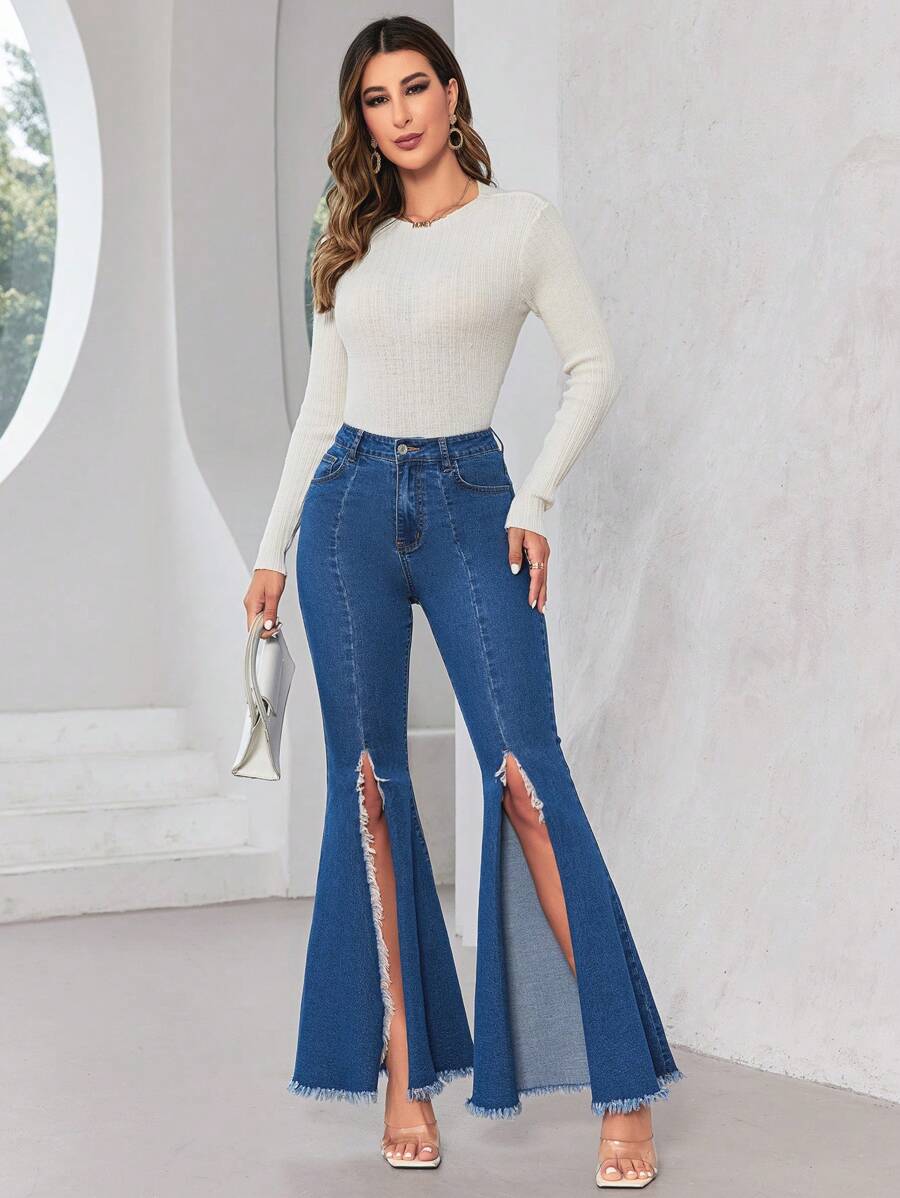 SHEIN Privé Split Thigh Flare Leg Jeans - Dark Wash - View 1