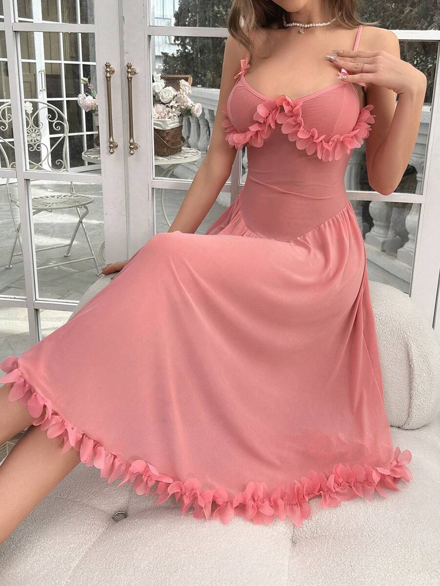 SHEIN Camisón largo con superposición de malla y ribete de volantes - Rosa vieja - Ver 1
