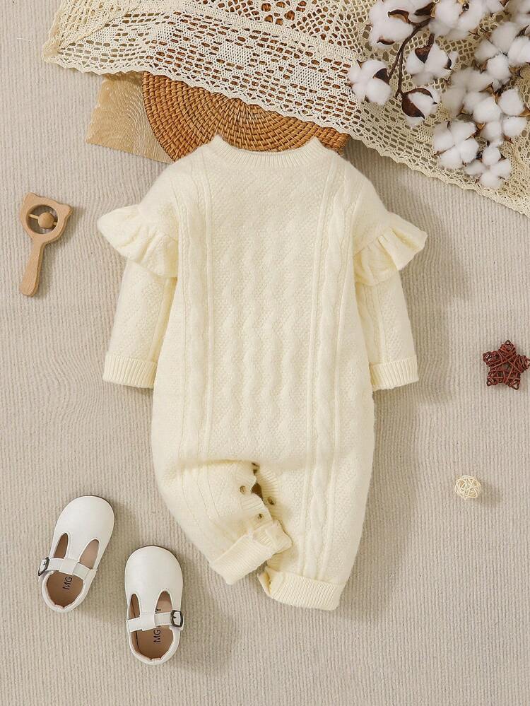 Baby Girl Ruffle Trim Cable Knit Jumpsuit