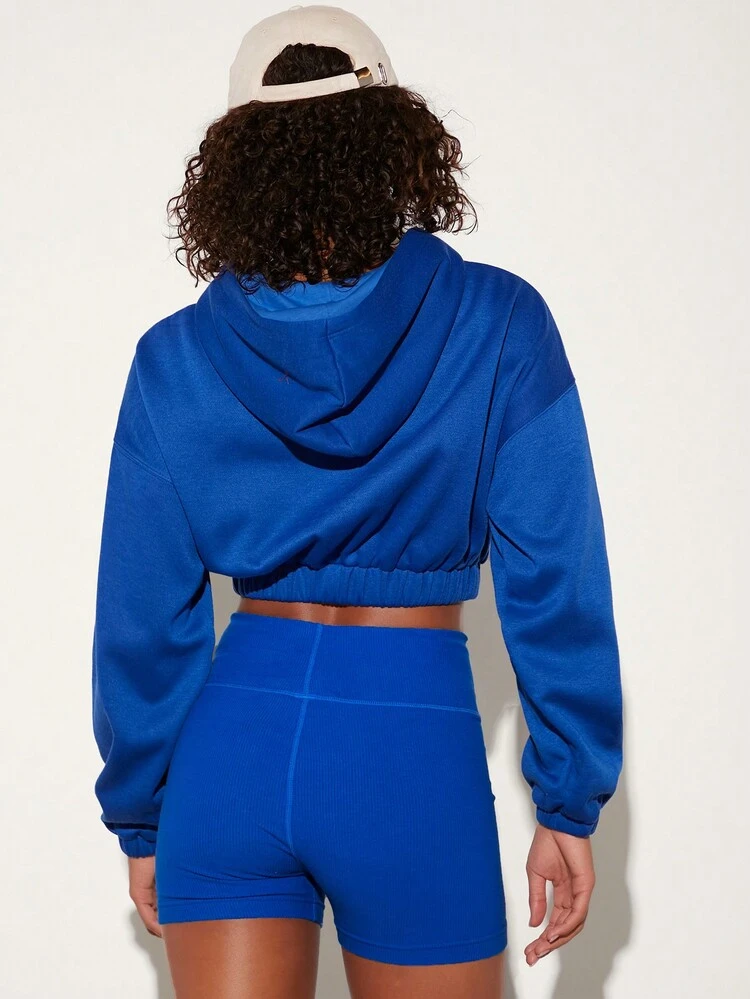 Cozy Fleece Solid Drop Shoulder Crop Thermal Hoodie