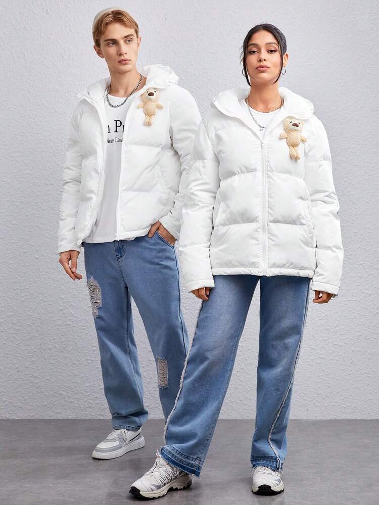 1pc Solid Zip Up Hooded Padded Coat, For Fall Winter