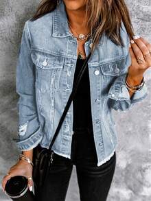 Rách Xén Thô Áo khoác denim - Màu xanh lam - Xem 4