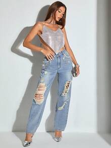 SHEIN BAE Jeans de pierna recta con diseño de diamante de imitación desgarro