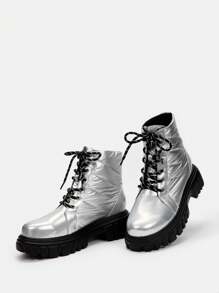 SheIn ICON 時尚粗跟靴子 - 銀色 - 查看 6