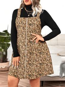 Calvaya Plus Ditsy Floral Print Zip Up Overall Dress Without Sweater - Brown - View 6