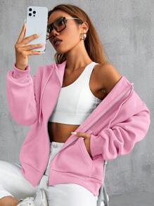 SHEIN Unity Dây kéo Thả vai Dây rút Lót nhiệt Hoodie - Hồng - Xem 5