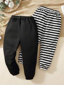 SHEIN Young Boy 2pcs Striped Print Patched Detail Sweatpants - Black - View 2