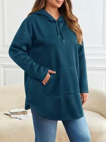 SHEIN Frenchy 加大码袋鼠口袋落肩抽绳卫衣 - 藍色 - 查看 3