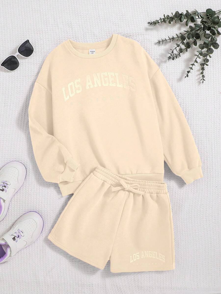 SHEIN Áo thun chui đầu và quần short thắt lưng có họa tiết chữ Tween Girl - Màu be - Xem 1