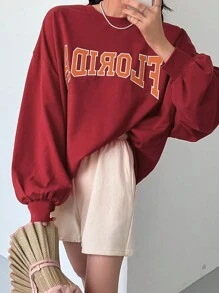 DAZY Letter Graphic Drop Shoulder Oversized Pullover,Fall Clothes Sweatshirt - Red - View 1