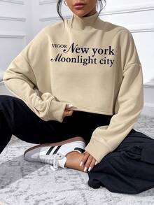SHEIN Essnce Slogan Graphic High Neck Drop Shoulder Sweatshirt - Apricot - View 6