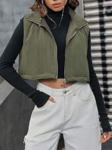 SHEIN Unity Zip Up Crop Vest Padded Padded Coat Clothes Winter - Army Green - View 3
