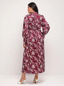 Anis Illustration Artist Plus 全身印花系带缎面优雅连衣裙，适合假期、度假、节日 - 玫紅色 - 查看 2