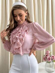SHEIN Privé Frill Neck Ruffle Trim Lantern Sleeve Blouse - Pink - View 6