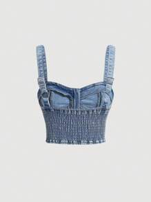 SHEIN MOD Rhinestone Detail Zip Up Denim Top - Light Wash - View 2