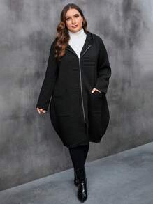 SHEIN LUNE Plus Dual Pocket Zip Up Hooded Coat - Black - View 4