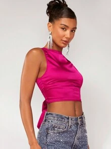 SHEIN BAE 淨色褶飾短款緞面襯衫 - 玫紅色 - 查看 5