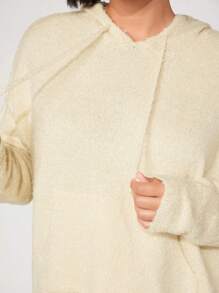 SHEIN BASICS 加袋鼠口袋落肩抽繩連帽毛衣 - 杏色 - 查看 6