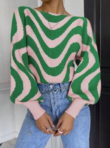 Chiquease Wave Striped Pattern Lantern Sleeve Knit Pullover Fall Winter Sweater - Multicolor - View 4