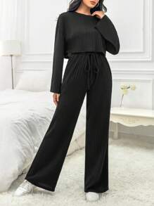 SHEIN EZwear Áo thun trễ vai & quần ống rộng eo dây rút - màu đen - Xem 6