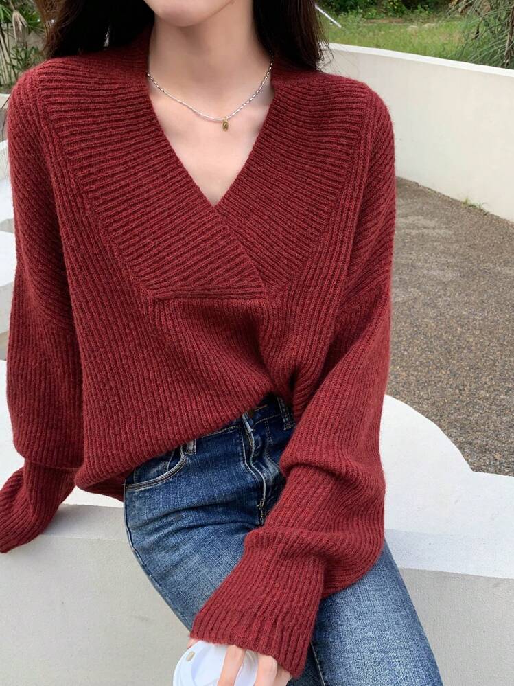 DAZY Suéter amplio unicolor de hombros caídos - Color caoba - Añade 1