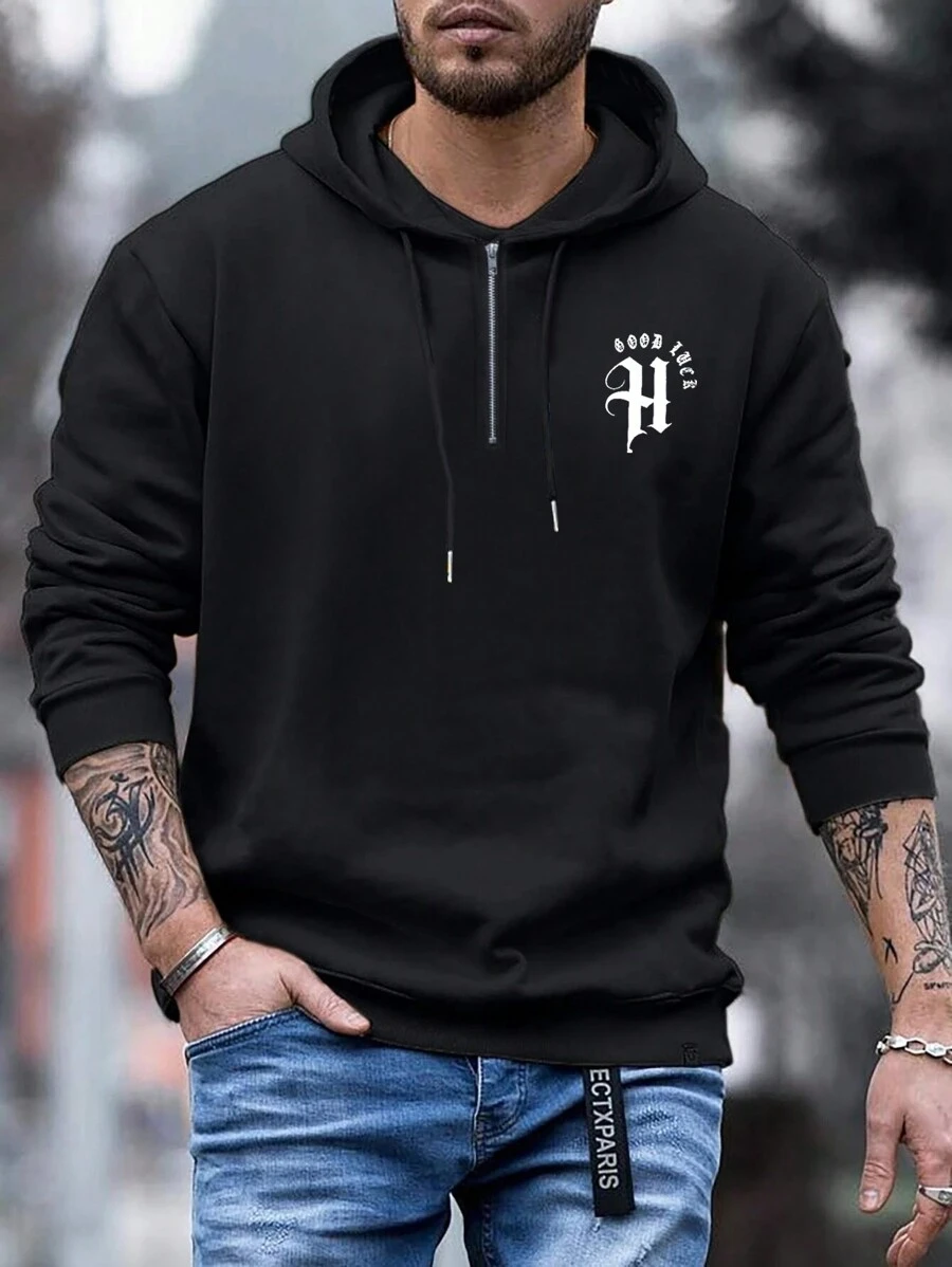 Manfinity Hypemode Nam Đồ họa Chữ cái Khóa kéo một phần tư Dây rút Hoodie - màu đen - Xem 1