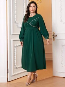 Al Najma 大碼珍珠串珠燈籠袖洋裝 - 綠色 - 查看 6