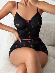 SHEIN Cherry Print Lace Trim Cami Top & Shorts PJ Set / Pajama Set - Black - View 5