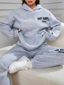 字母图案袋鼠口袋连帽衫和运动裤 春季款 - 灰色 - 查看 6