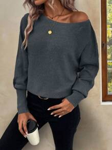 SHEIN Essnce Solid Batwing Sleeve Sweater - Dark Grey - View 1