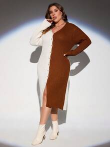 SHEIN Clasi Plus Two Tone Button Through Sweater Dress Without Belt - Multicolor - View 5