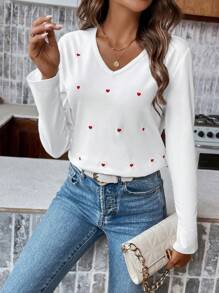 SHEIN Frenchy Áo thun cổ chữ V thêu hình trái tim - Đỏ và trắng - Xem 4
