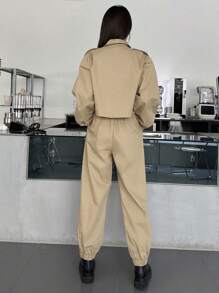 DAZY Áo khoác và quần trễ vai có túi nắp - Màu Khaki - Xem 2