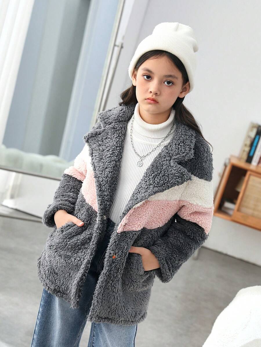 SHEIN Cô gái Tween Khối màu Túi Kép Cổ áo Áo khoác Teddy - Xám - Xem 1