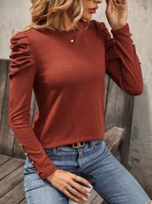 SHEIN Clasi Áo thun có nút tay áo xếp nếp chắc chắn - Màu Cam cháy - Xem 3