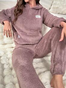 Slogan Patched Pocket Drop Shoulder Flannel Hoodie & Pants Lounge Set Outfit  Cozy And Elegant Details, Fall Winter Clothes, Fluffy Pajama - Mauve Purple - View 3