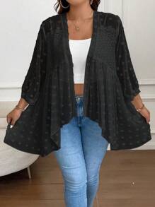 SHEIN Clasi Plus Swiss Dot Asymmetrical Hem Chiffon Coat - Black - View 3