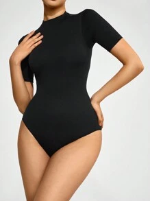 SHAPORA Body de mujer de manga corta con cuello alto, de tela elástica media y shorts negros casuales mini para uso diario - Negro - Ver 1