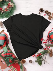 SHEIN EZwear Cây thông noel & Đồ họa Khẩu hiệu Áo thun - màu đen - Xem 2